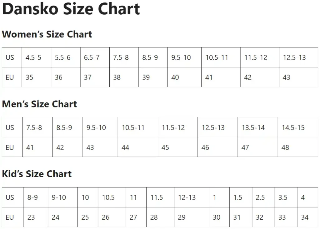 Dansko Size Chart for Women, Men and Kids (Children)
