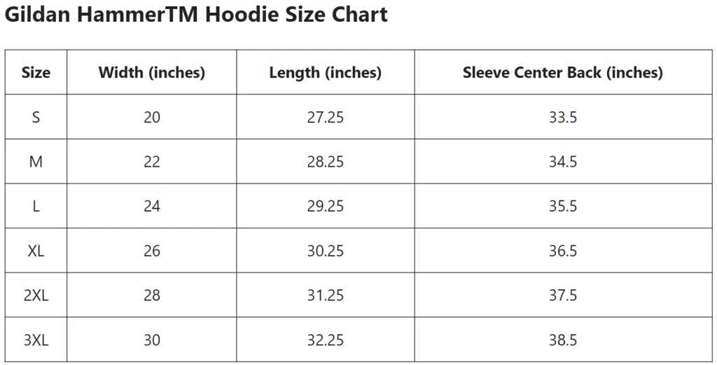 Gildan HammerTM Hoodie Size Chart