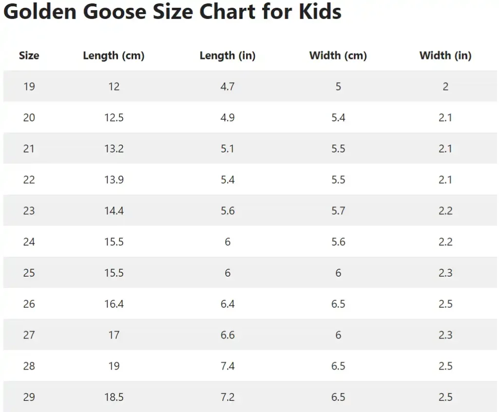 Golden Goose Size Chart for Kids