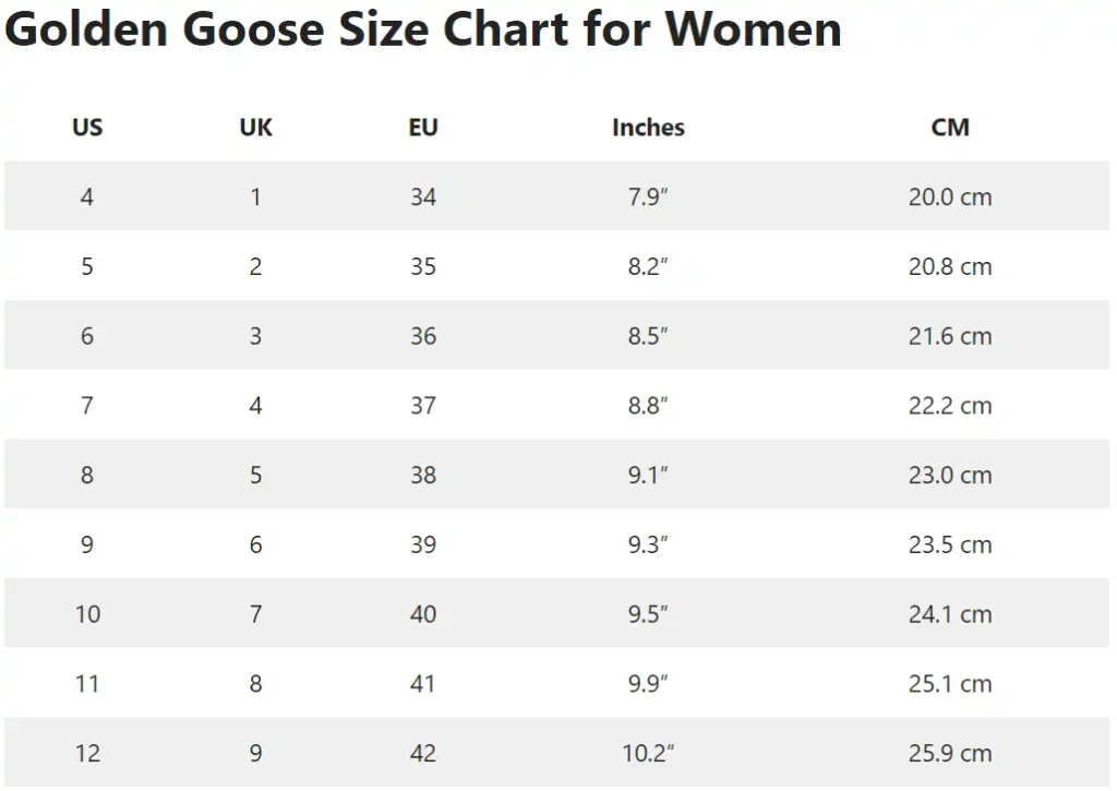 Golden Goose Size Chart for Women