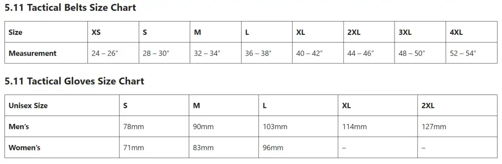 5.11 Tactical Series Size Charts