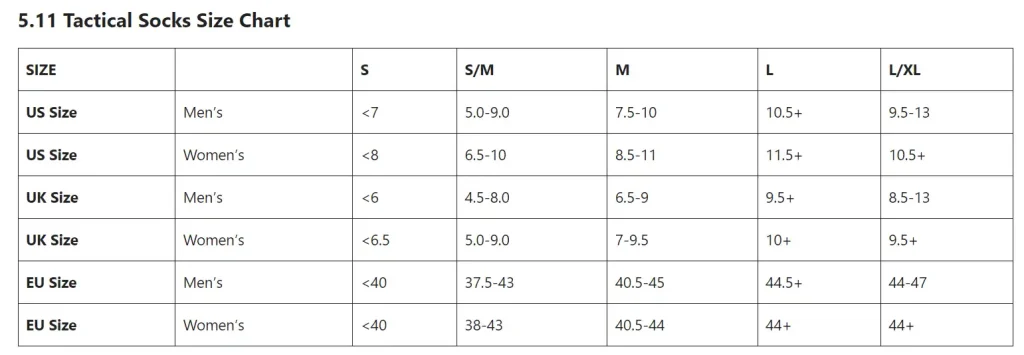 5.11 Tactical Series Size Charts