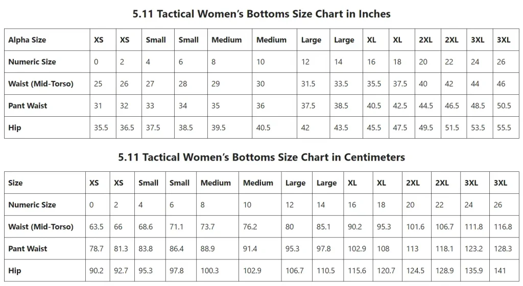 5.11 Tactical Series Size Charts