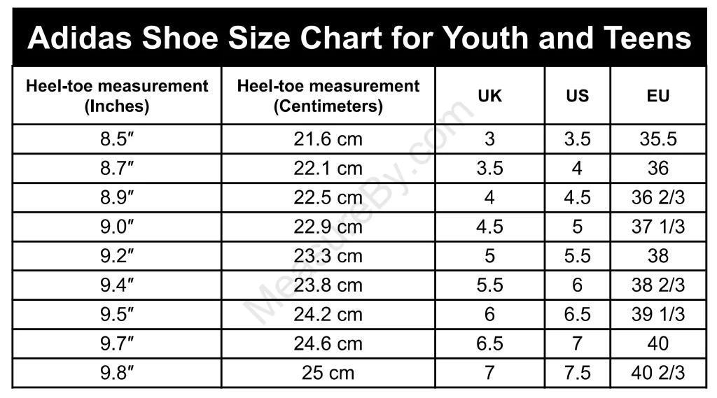 Adidas Shoe Size Chart for Kids - Youth and Teens Size Conversion Chart