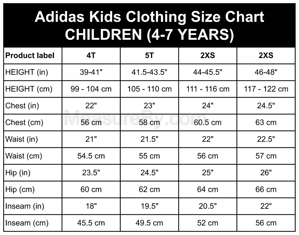 Adidas Size Chart Kids Clothing - CHILDREN (4-7 YEARS)