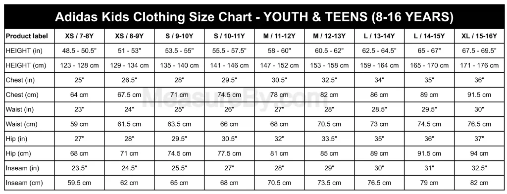 Adidas Size Chart Kids Clothing - YOUTH & TEENS (8-16 YEARS)