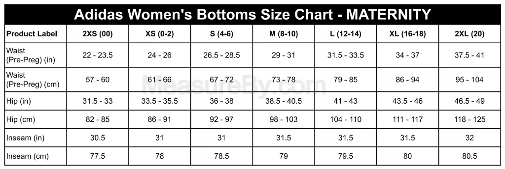 Adidas Size Chart Women's Bottoms Clothing Size Chart - MATERNITY