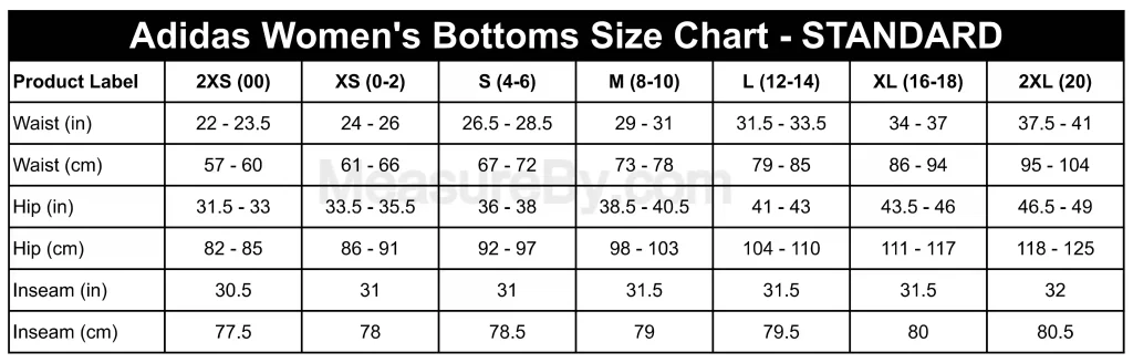 Adidas Size Chart Women's Bottoms Clothing Size Chart - STANDARD