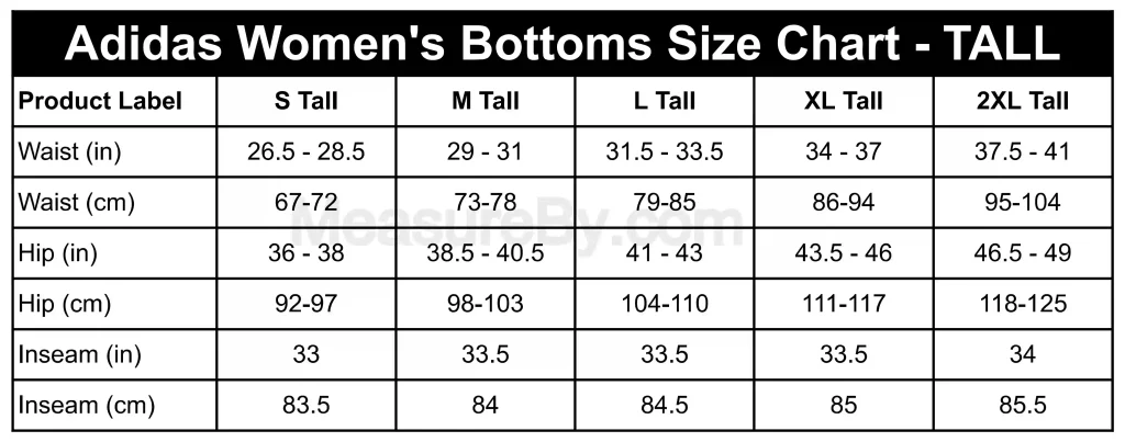 Adidas Size Chart Women's Bottoms Clothing Size Chart - TALL
