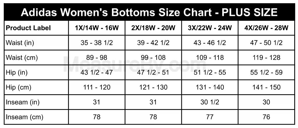 Adidas Size Chart Women's Bottoms Pants Size Chart - PLUS SIZE