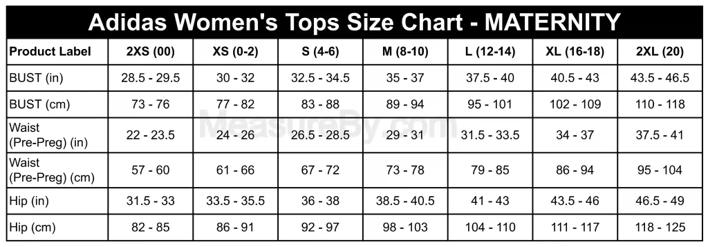 Adidas Size Chart Women's Tops Clothing Size Chart - MATERNITY